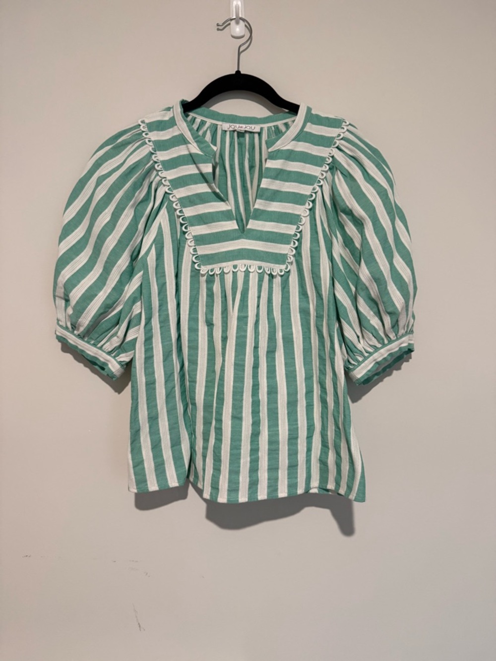 Joy Joy Green and White Striped Puff-Sleeve V-Neck Blouse